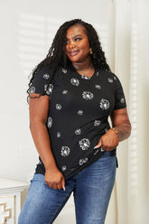 Double Take Dandelion Print Round Neck T-Shirt Black OutfitFlow